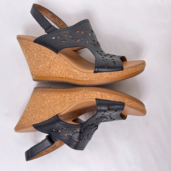 Clarks Black Tooled Leather Slingback Open Toe Cork Wedge Slide Sandals Size 11 - Picture 7 of 9